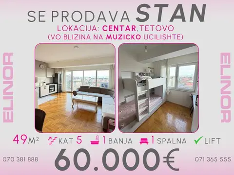 Se prodava stan 49m2 vo Centar - blizina na Muzicko, Tetovo